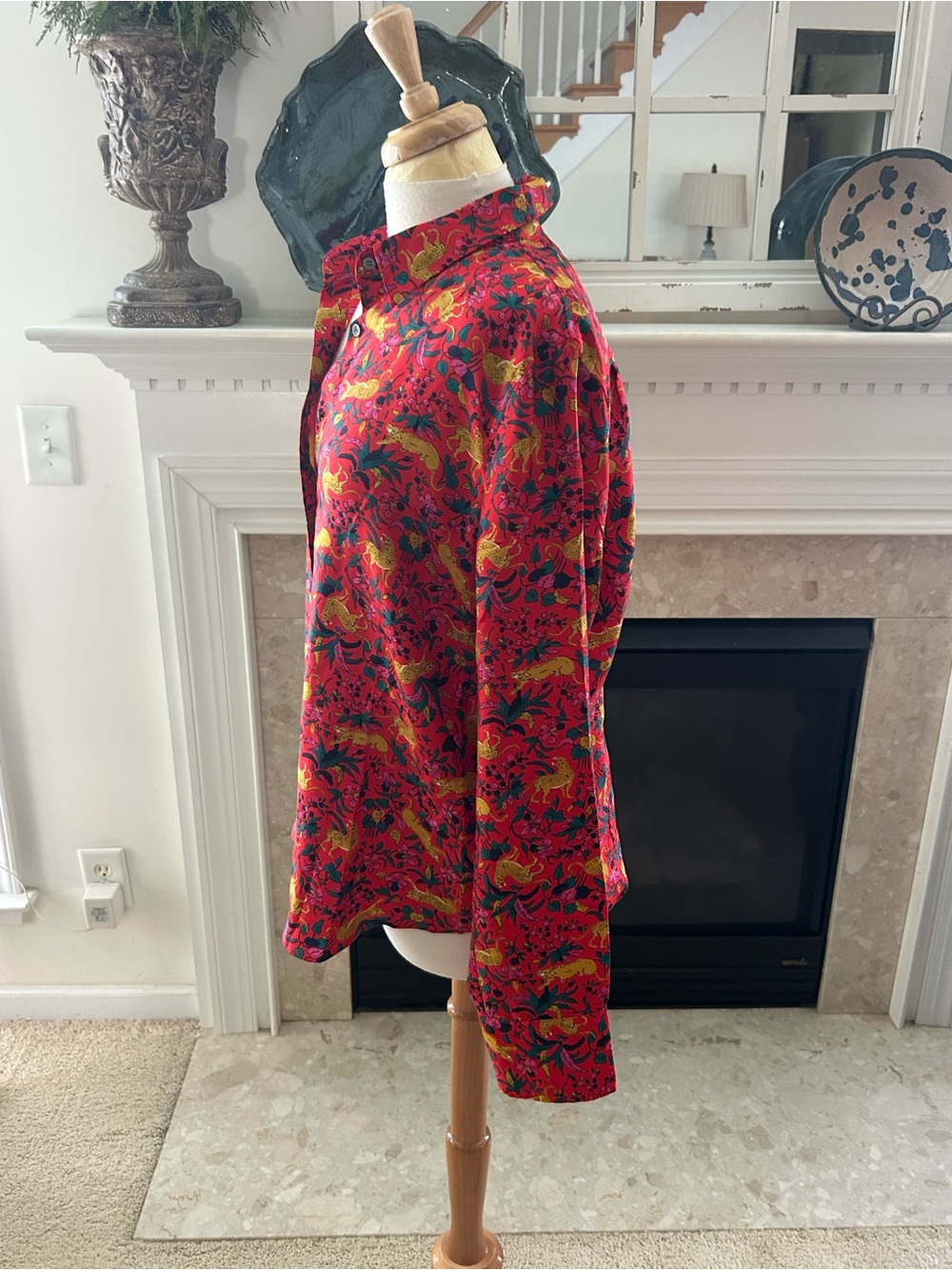 J. Crew Red Multicolor Jungle Cat Floral Silk-Twill Shirt - Picture 7 of 11
